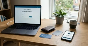 Mobiltelefon, betalingskort og pung ved siden af en bærbar computer