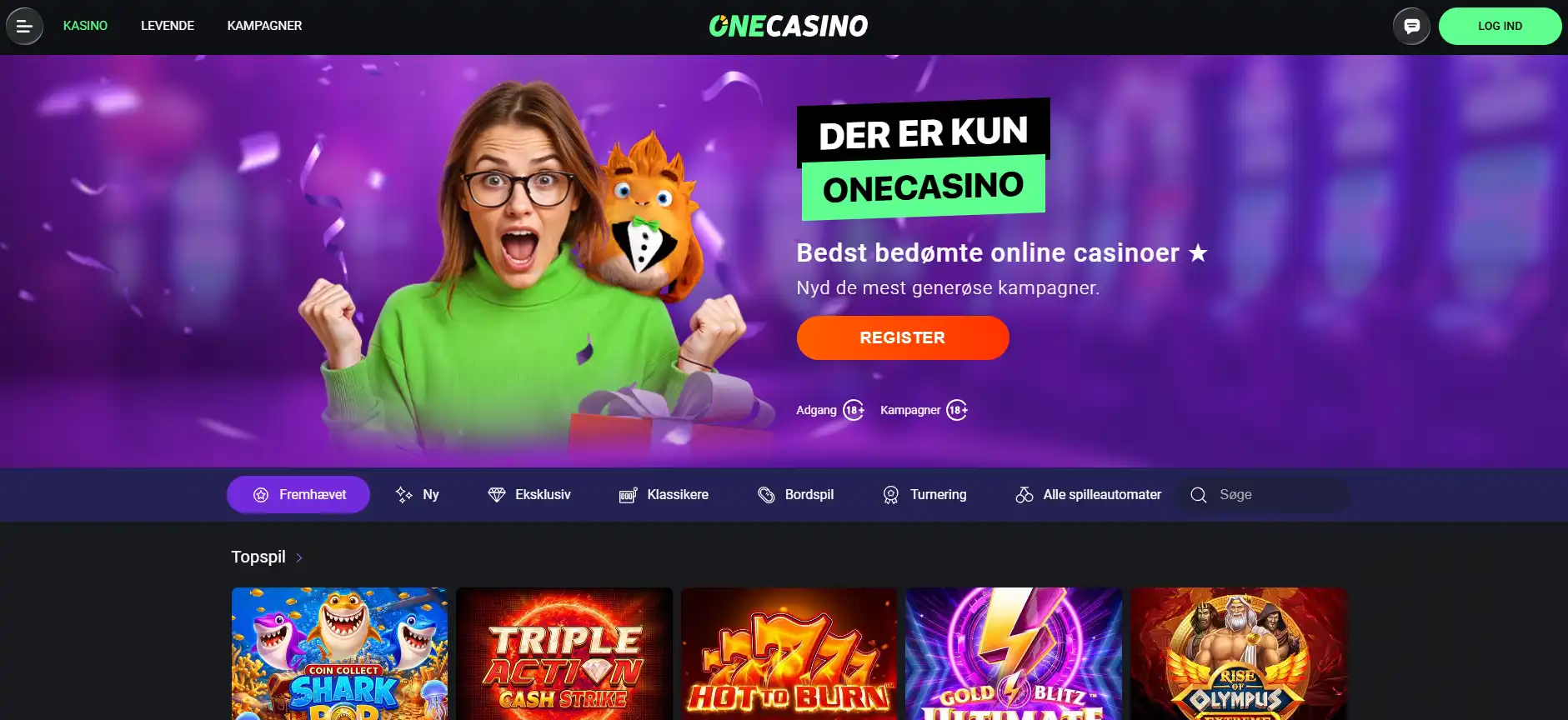 OneCasinos danske forside med navigation og spilkategorier