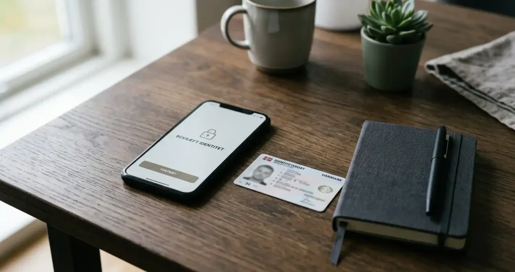 Mobiltelefon, identitetskort og notesbog på et ryddeligt skrivebord