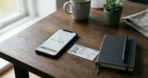 Mobiltelefon, identitetskort og notesbog på et ryddeligt skrivebord