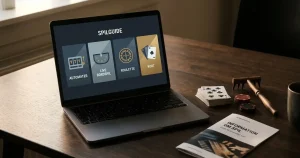 Bærbar computer, spillekort og neutrale casinospil-symboler på et mørkt bord