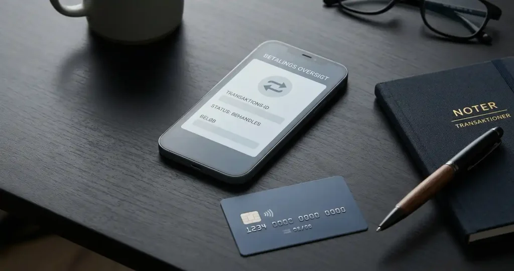 Mobiltelefon med betalingsoversigt ved siden af bankkort og notesbog