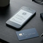 Mobiltelefon med betalingsoversigt ved siden af bankkort og notesbog