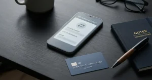 Mobiltelefon med betalingsoversigt ved siden af bankkort og notesbog